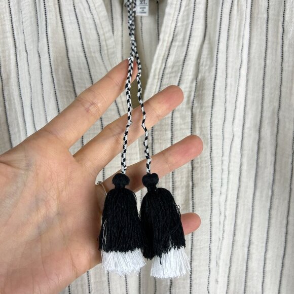 Joie Ivory Black Striped Gauzy Cotton Tassel Peasant Blouse - Picture 3 of 6